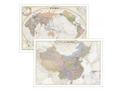 仿古地图挂图：中国地图+世界地图（套装2张1.1米*0.8米 复古地图 赠3M粘贴胶 )